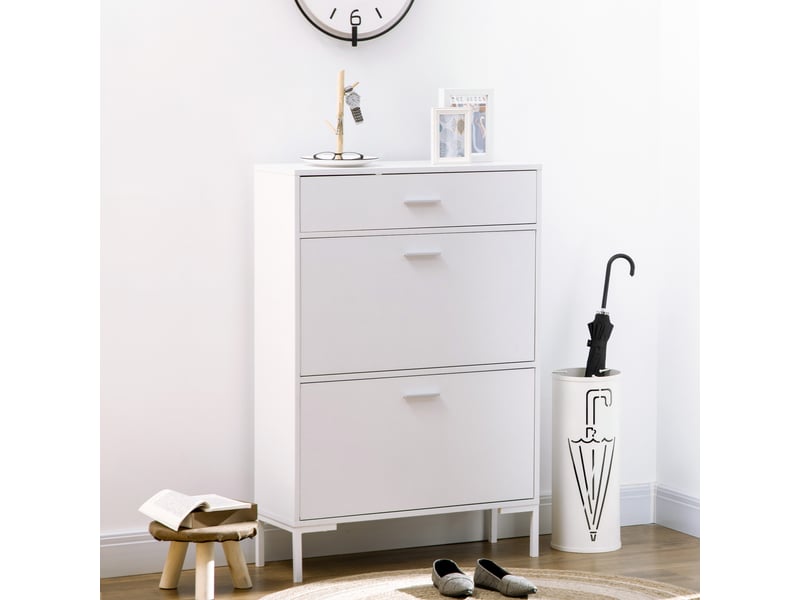  Étagère à chaussures moderne pour 12 paires de chaussures avec 2 portes abattantes et un tiroir, 76 x 26 x 110 cm, blanche  - Conforama C