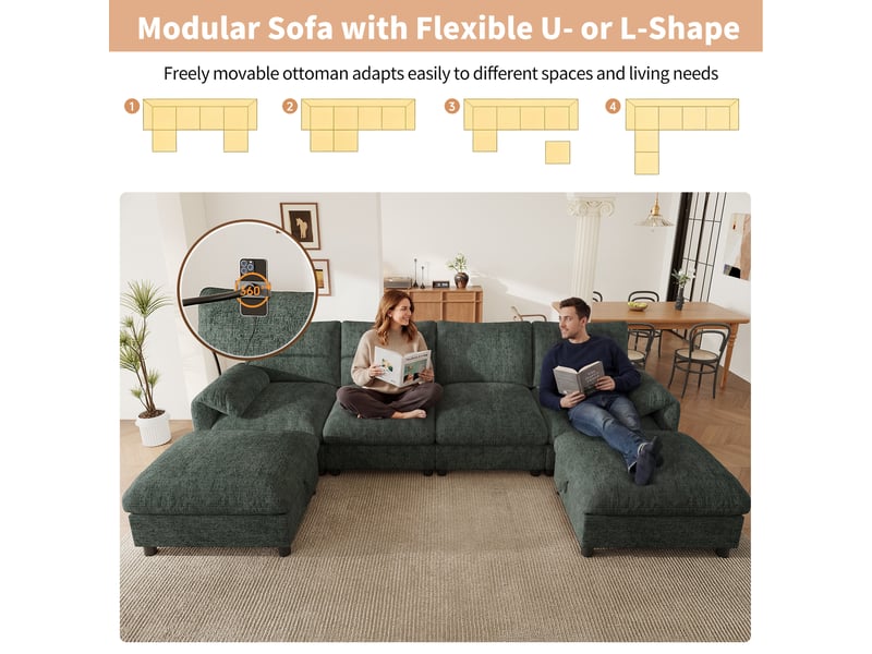 Canapé d'angle modulable 6 places, tissu chenille vert avec 2 poufs de rangement, ports usb type-c et support mobile pour grand salon - Conforama B