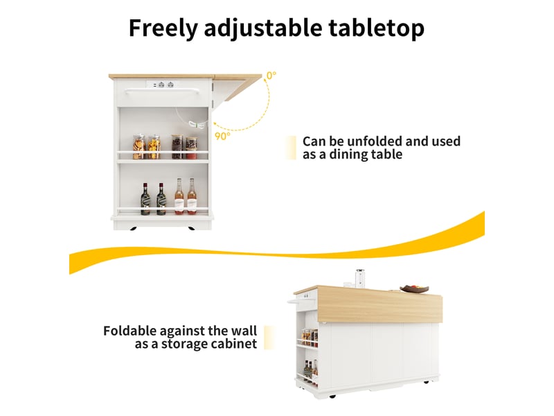Îlot de cuisine blanc et naturel 151,5 × 59,784,7 × 91,7 cm en mdf et métal, prise intégrée, 2 tiroirs et rangements - Conforama E