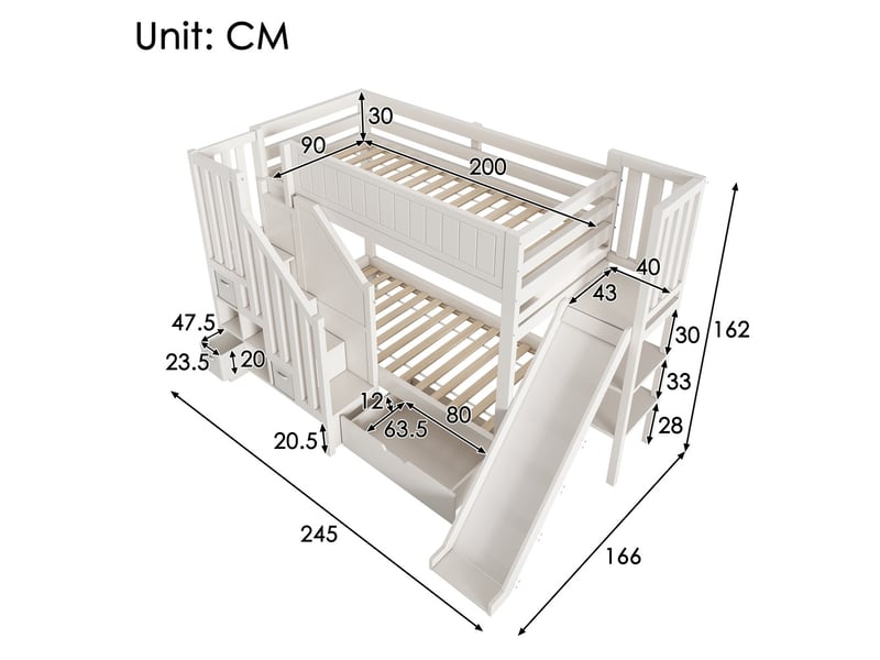 Gutenacht lit superposé 90x200 cm blanc avec toboggan, échelle-rangement et tiroirs - Conforama E