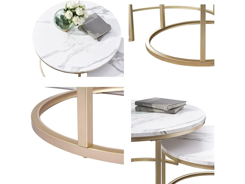  Ensemble de 2 table basse gigogne ronde 80x80x4560x60x33.5 cm, blanc et dore  - Conforama E