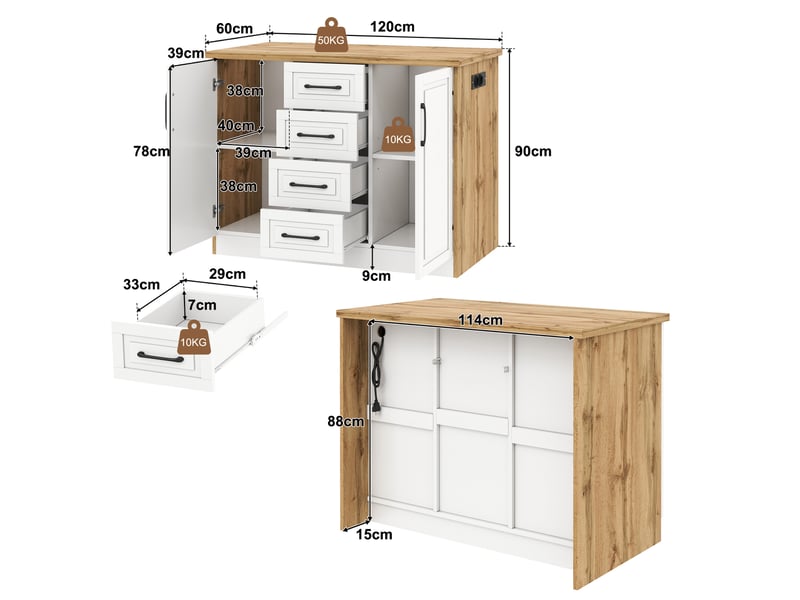  Desserte de cuisine avec 4 tiroirs, étagères réglables et prises intégrées, pour cuisine, 120×60×90 cm, blanc naturel  - Conforama D
