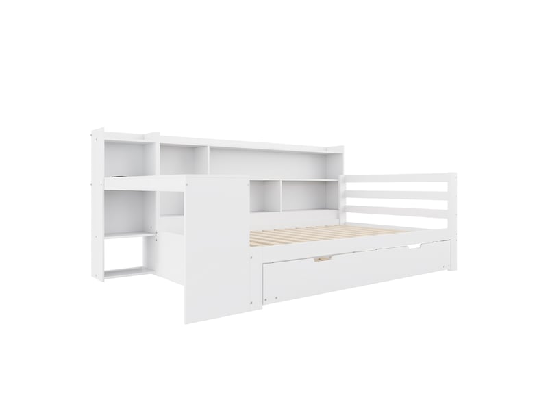  Canapé-lit en bois massif, 90 x 200 cm, avec bureau, étagères, compartiments et rangements, prise électrique, lit gigogne sous le lit, lit multifonctionnel en bois, blanc  - Conforama D