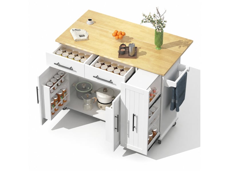  Îlot de cuisine à roulettes avec plateau rabattable, rangement coulissant à trois niveaux et 2 tiroirs, blanc et bois naturel  - Conforama A