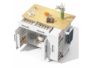 Îlot de cuisine à roulettes avec plateau rabattable, rangement coulissant à trois niveaux et 2 tiroirs, blanc et bois naturel
