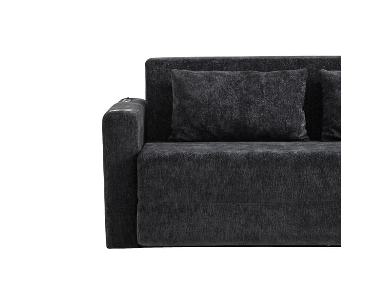  Canapé-lit 2 places convertible 2 en 1 en tissu chenille noir et gris, avec ports usb, porte-gobelets et 2 coussins  - Conforama R
