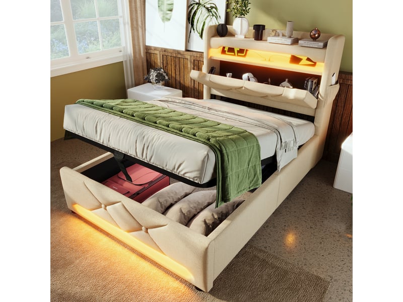  Lit coffre hydraulique 90 x 200 cm en lin beige, led et ports usb et type-c  - Conforama D