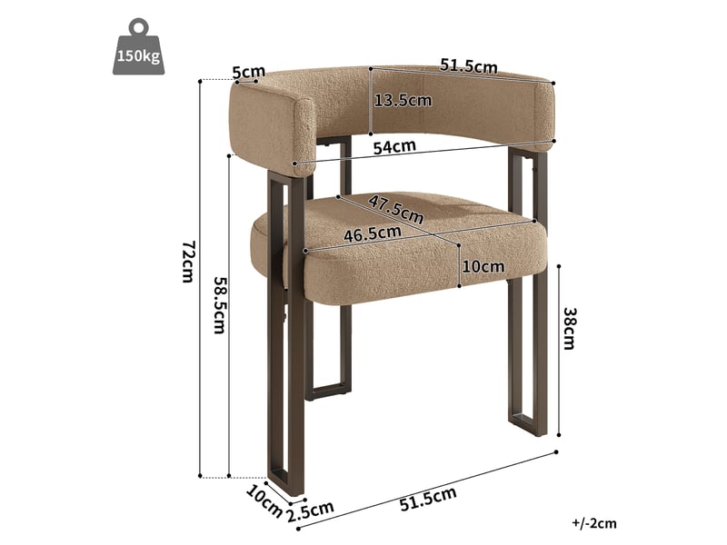  Lot de 4 chaise de salle à manger, dossier incurvé, tissu bouclette marron, structure en métal  - Conforama C
