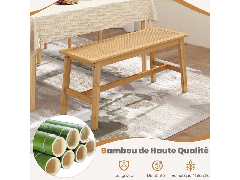  Costway banc de salle à manger en bambou, assise en rotin pvc pour 2 pers, patins antidérapants, charge 300kg  - Conforama C