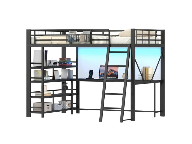  Lit mezzanine 140x200 métal noir avec bureau intégré, led et port usb sans matelas  - Conforama A