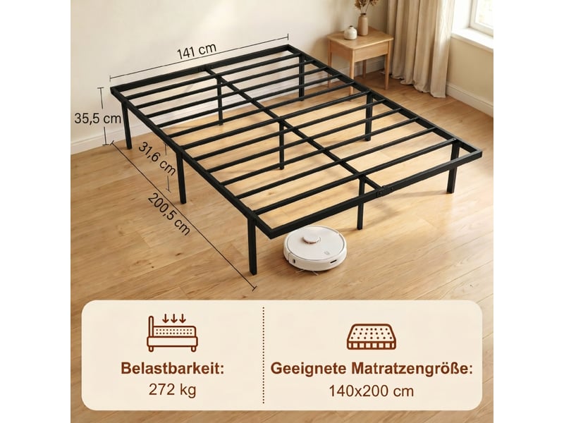  Cadre de lit en métal - 140x200 cm - noir - espace de rangement sous le lit - sommier à lattes intégré 200.5x141x35.5cm - Conforama C