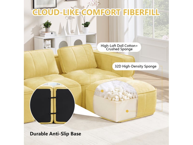  Canapé modulable en u 4 places avec 2 poufs, en polyester jaune  - Conforama D