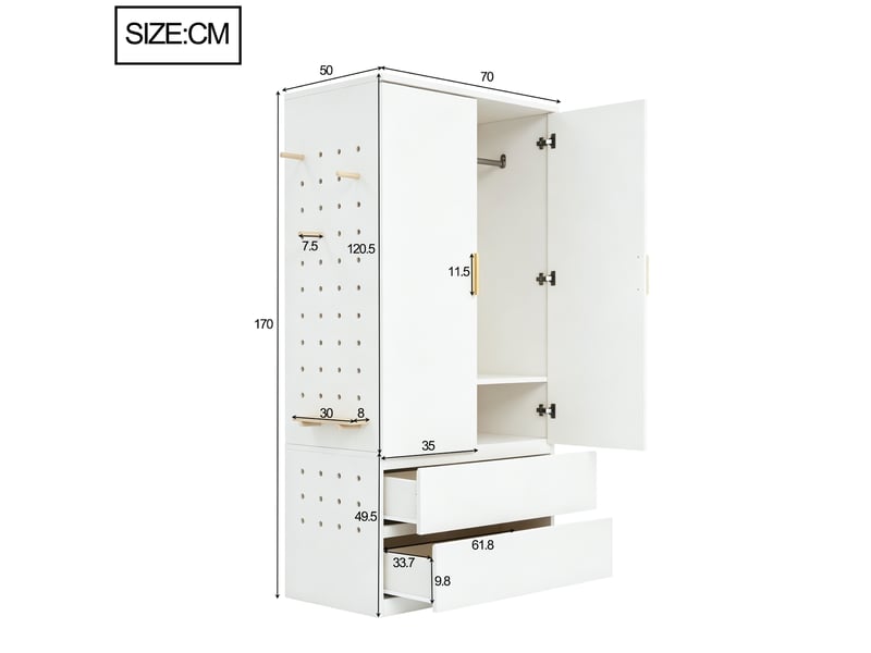  Armoire 70x50x170 cm avec panneau perforé latéral, rangements cachés et 2 tiroirs, dressing multifonction avec espace pratique, bois naturel OPULERANE TRADING LTD - Conforama C