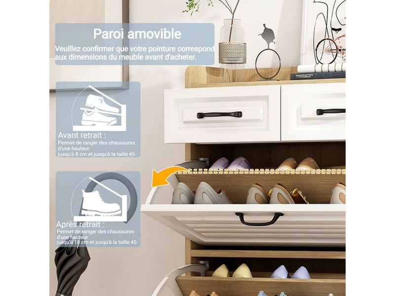  Armoire à chaussures - commode pivotante - 3 volets - 2 tiroirs - naturel et blanc 80x23.5x131cm - Conforama C