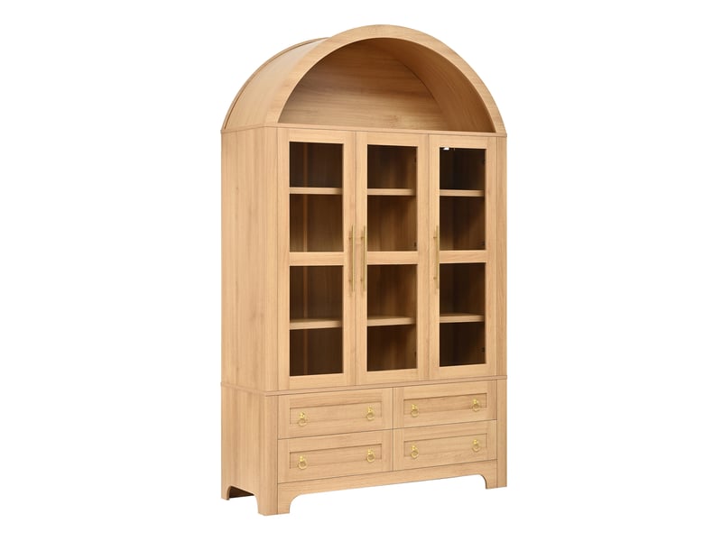 Buffet haut 110x40x185 cm naturel en mdf et panneaux de particules, 3 portes vitrées, 4 tiroirs et niche ouverte en arc - Conforama D