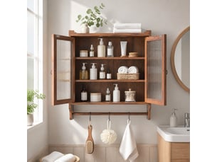 Armoire murale avec 2 portes vitrées et 3 étagères amovibles, porte-serviettes pour salle de bain, 63 × 60 × 18 cm