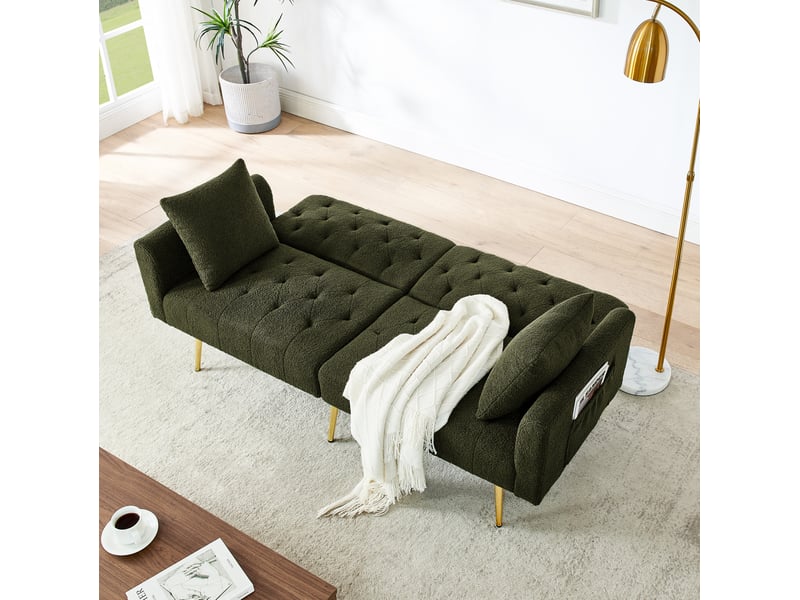  Canapé 2 places convertible 177x74x78 cm, 2 coussins, dossier inclinable 3 positions, teddy, pieds métal, vert  - Conforama D