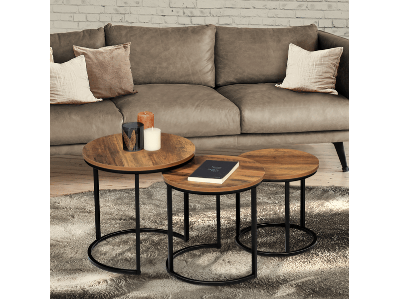 Lot de 3 tables basses gigognes hawkins rondes 30-40-45 bois foncé design industriel  - Conforama B