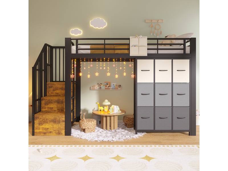  Lit mezzanine 90x200 cm en métal et mdf avec tiroirs, penderie et escalier de rangement noir et blanc chicfurn  - Conforama D