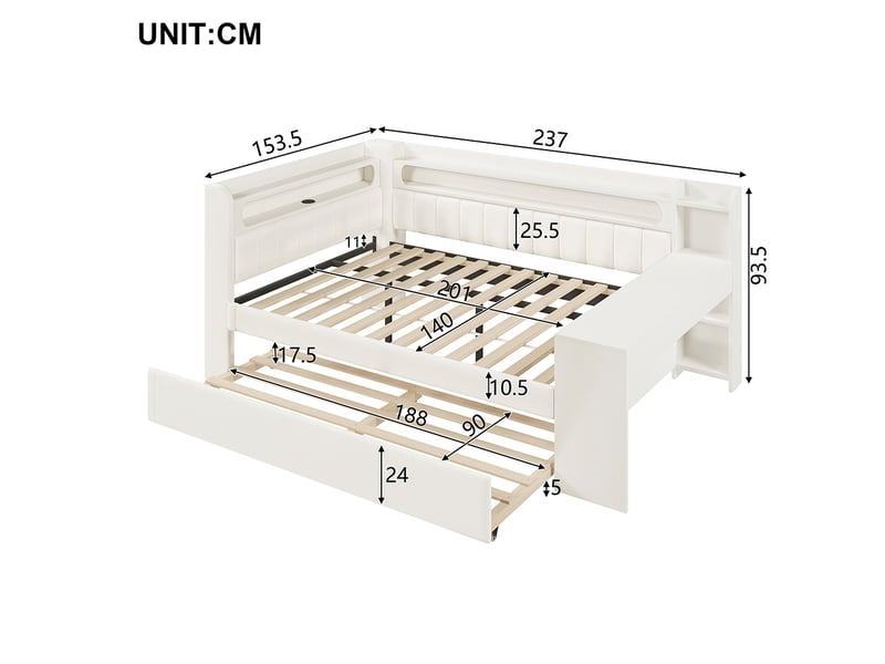  Canapé-lit rembourré 140 x 200 cm avec port usb et bande led, avec lit gigogne et bureau, tissu lin, blanc  - Conforama C