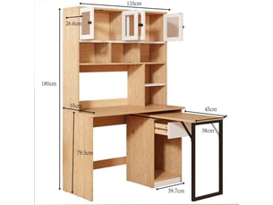 Bureau informatique avec bibliothèque et placard de rangement – table de travail intégrée, blanc et bois naturel, hauteur 180 cm