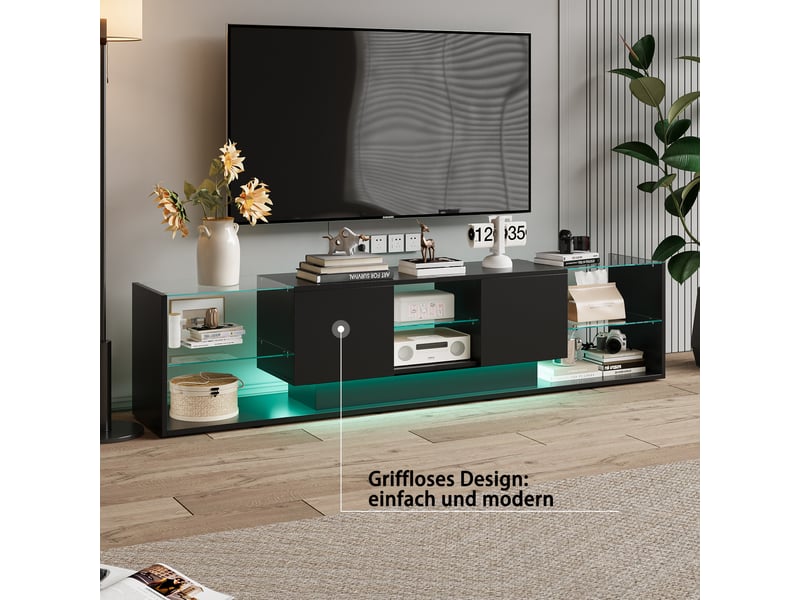  Meuble tv led - 200 x 35 x 45 cm-noir - avec étagères en verre et éclairage led rvb - meuble de salon design moderne  - Conforama D