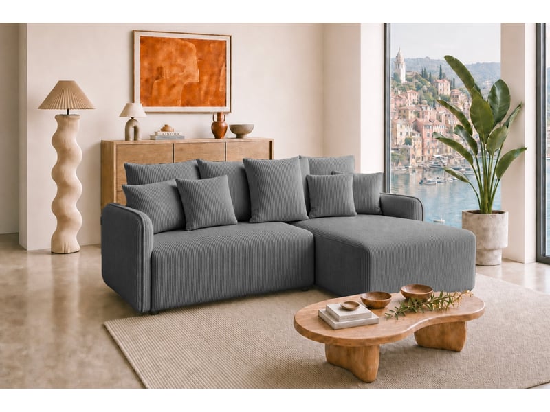 Portofino - canapé d'angle convertible petit velours côtelé 3 places gris foncé - Conforama B