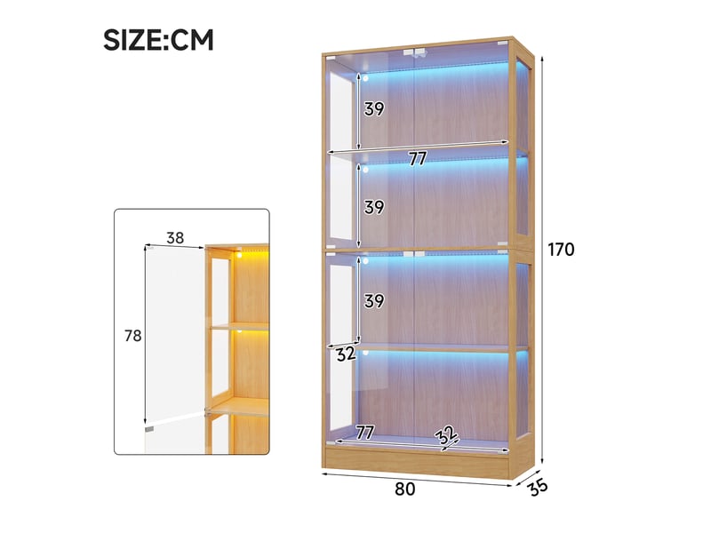 Vitrine led pour figurines, 80 x 35 x 170 cm, 4 portes, mdf et verre, finition bois naturel - Conforama C