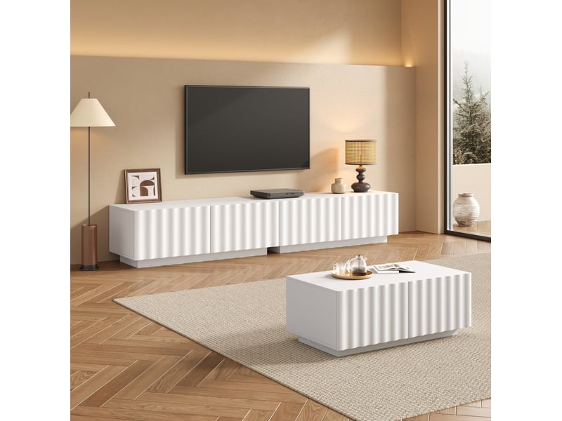  Ensemble de meuble tv et table basse blanc avec motif ondulé 3d, 4 tiroirs + 2 tiroirs  - Conforama B