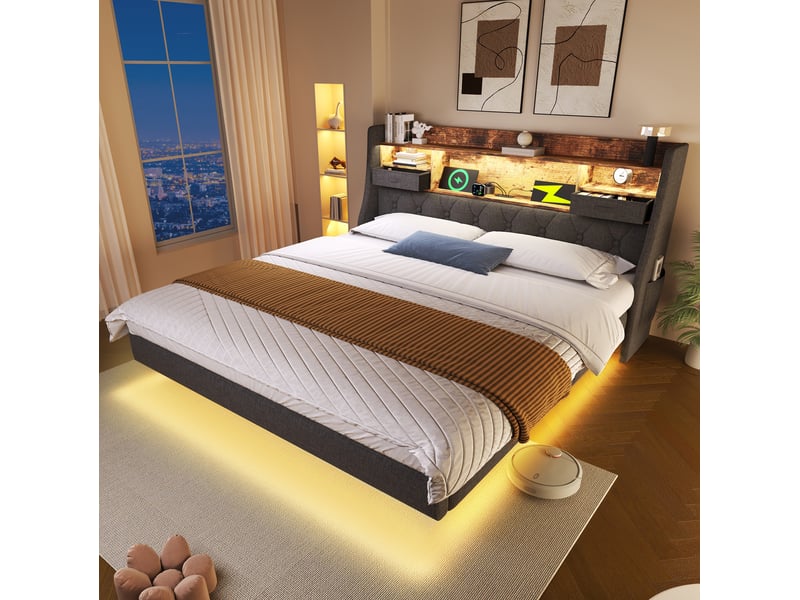  Lit double 140x190 cm avec led, rangements, ports usbtype-c, en lin gris  - Conforama B