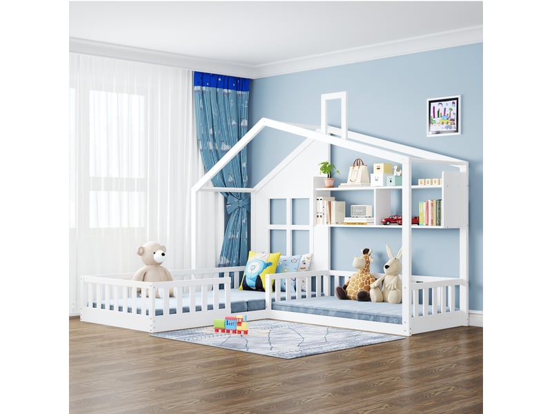 Lit enfant 90x200cm, lit cabane avec fenêtre et cheminée, barrière sécurité, bois massif blanc - Conforama W