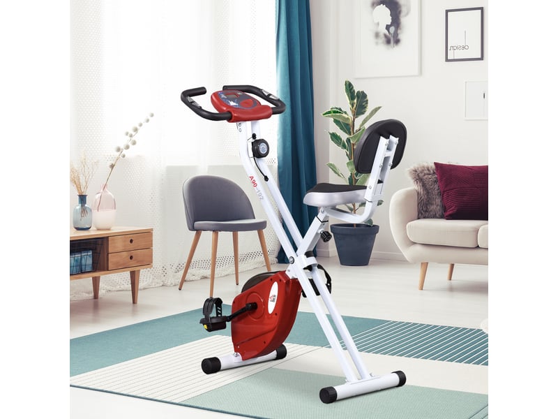 Vélo appartement pliable fitness intérieur, 8 résistances magnétiques, dossier, selle réglable, lcd, cardio, rouge. - Conforama C