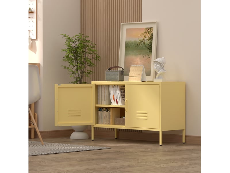 Meuble de rangement bas avec 2 portes, étagères réglables et passe-câbles pour salon ou chambre en métal jaune - Conforama D