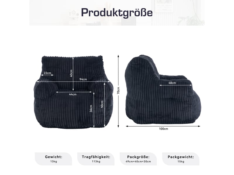  Fauteuil poire en velours côtelé noir, rembourrage mousse confortable  - Conforama C