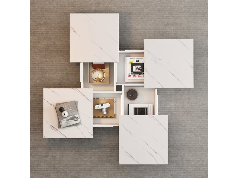 Table basse carrée blanche 90 x 90 x 25 cm, effet marbre, plateau coulissant, 4 tiroirs - Conforama B