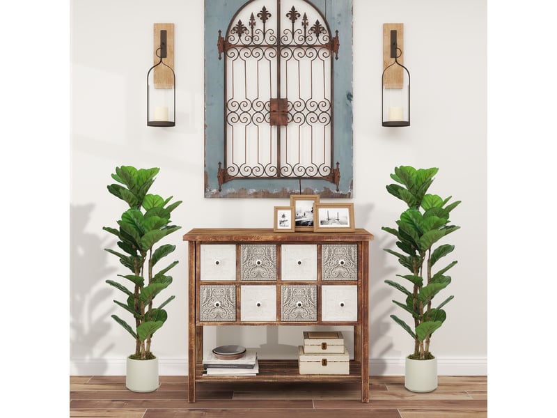 Lot de 2 plantes artificielles 120 cm figuier lyre arbre artificiel avec pot en plastique et tronc en bois massif, vert  - Conforama C