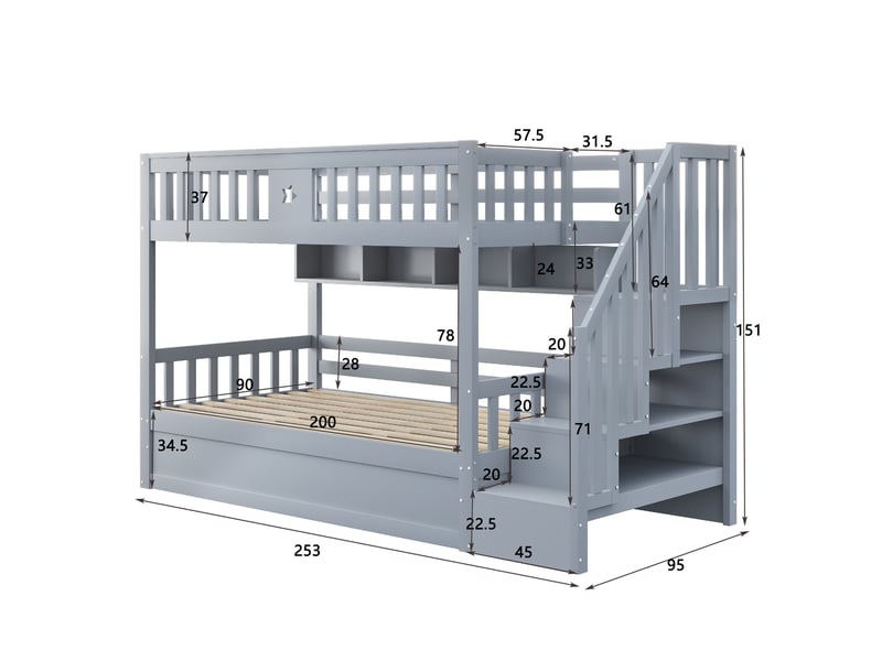  Lit superposé 90 x 200 cm avec rangement hydraulique, étagères et escalier gris  - Conforama C