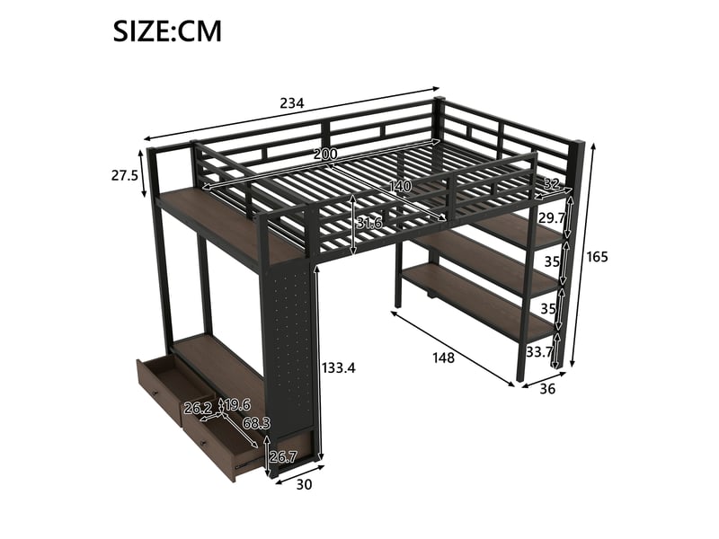  Lit mezzanine 140 × 200 cm 2 places avec armoire ouverte, étagères, panneau perforé et led, sans matelas  - Conforama D