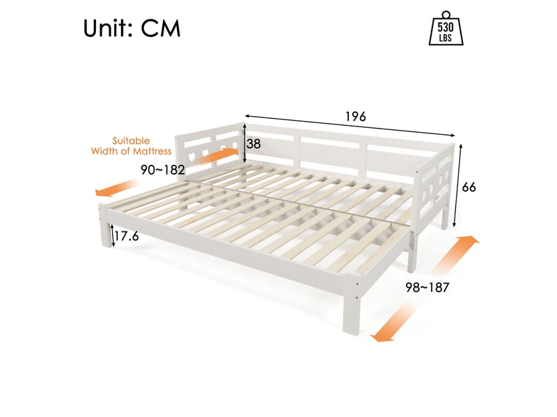  Lit gigogne 90 × 190 cm 2 places avec 2e couchage et design coeur, sans matelas, en bois, blanc  - Conforama D