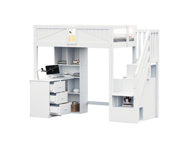 Lit mezzanine, 90x200 cm, échelles latérales interchangeables, tiroirs, bureau, matelas non inclus, bois, coloris blanc - Conforama A