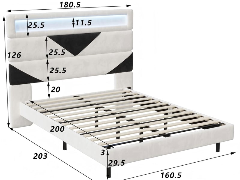 Lit 2 places 160x200 cm - usb et usb c - led intégrée - tissu velours blanc  - Conforama C