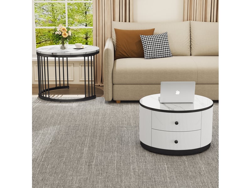 Lot de 2 tables basses gigognes rondes 60x60x45.5 cm blanc et noir, 2 tiroirs - Conforama B