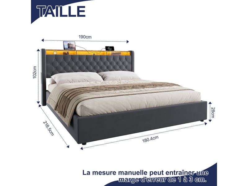  Lit coffre 2 places 180x200 cm avec led et usb-c, en velours gris  - Conforama C