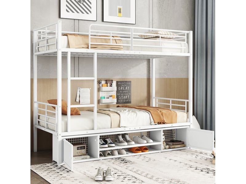  Lit superposé enfant 90 x 200 cm en métal blanc avec échelle et rangements  - Conforama B
