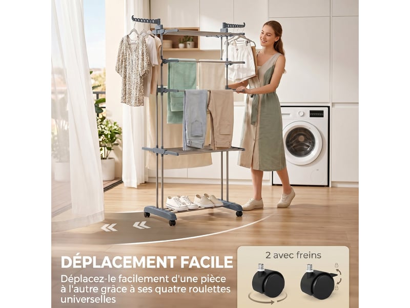  Séchoir à linge pliable 4 niveaux avec roulettes, étendoir linge intérieur avec ailes latérales, cadre en acier, gris  - Conforama E