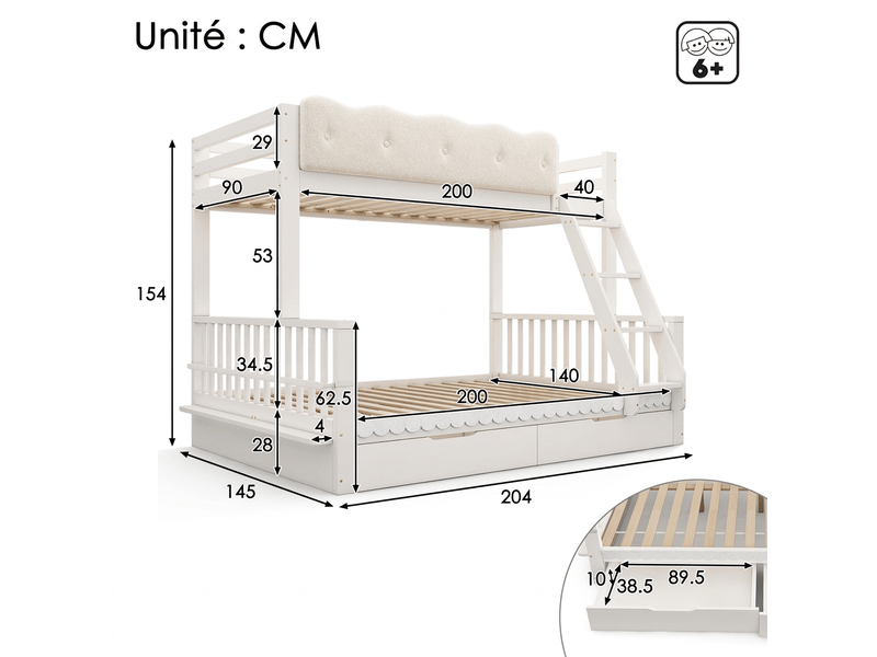  Lit superposé 90x200 140x200 en bois avec tiroirs et porte-revues - blanc  - Conforama C