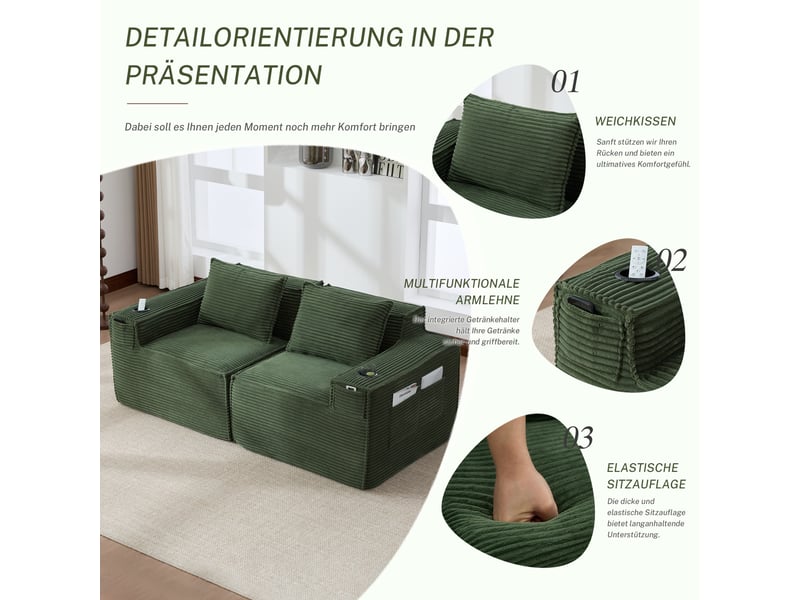 Canapé modulable, canapé 2 places, porte-gobelets, sans montage, format compressé, poches latérales, en velours - Conforama D