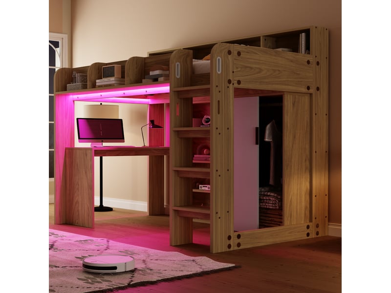  Lit mezzanine 90 x 200 cm avec bureau, armoire, rangements, led et prise, bois  - Conforama D