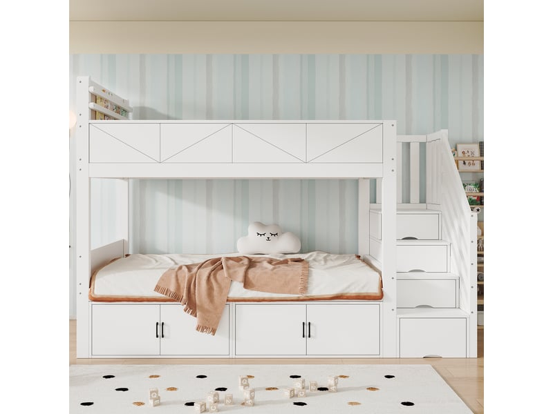  Lit superposé, lit enfant 90x200 cm, escalier de rangement, bois massif blanc, barrière antichute  - Conforama D