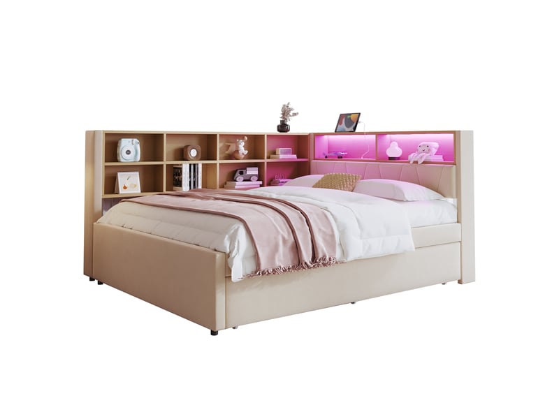  Canapé-lit simple 140x200 cm, lit gigogne 90x190, beige, équipé de lampes led et prises électriques et compartiments de rangement  - Conforama W